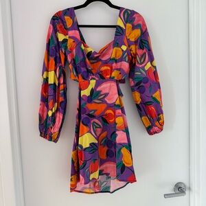Farm Rio mini long sleeve open back Colorful Floral Women size xs Anthropologie